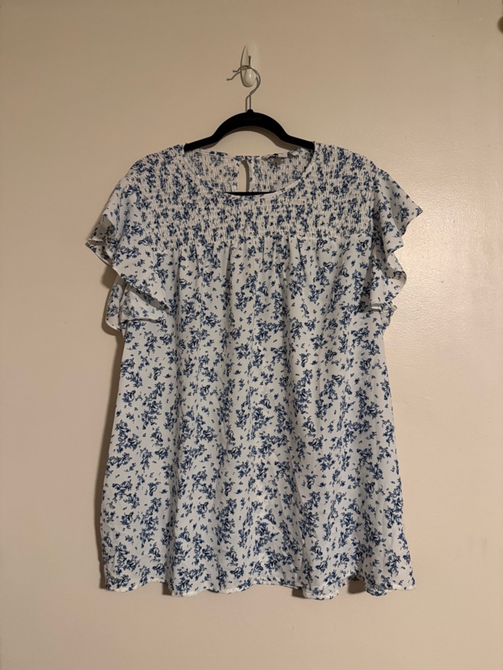 41 Hawthorn White Blouse with Blue Floral Smocking and Ruffle Sleeves